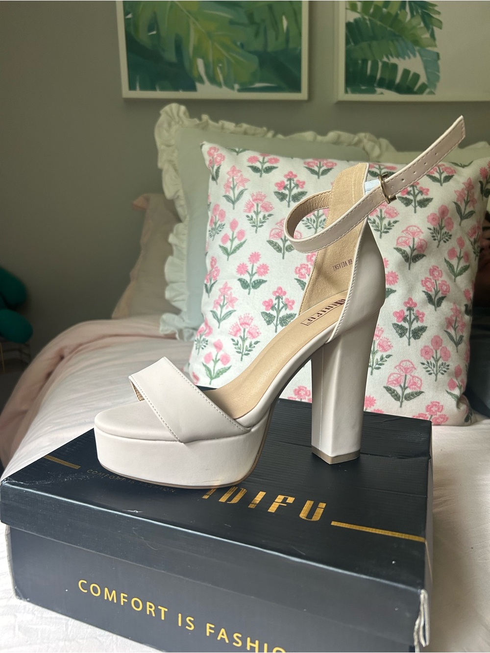 Chunky Platform Ankle-Strap Heels in Light Beige - Women's